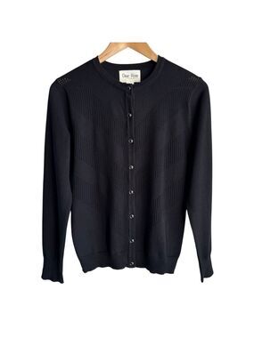 Dear Rose Perforated Button Up Cardigan Sz M Black Classy Preppy Simple Timeless